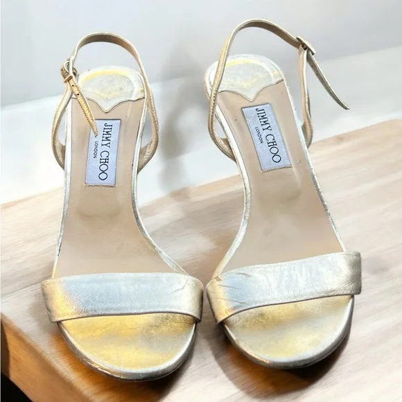 Jimmy Choo Gold Metallic Leather Slingback Women's Sandals. - Picture 2 of 8